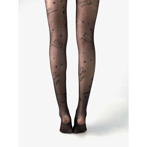 ⭐ Astrology Zodiac Constellations Tattoo Printed Black Sheer Nylon Tights NEW - Picture 2 of 16